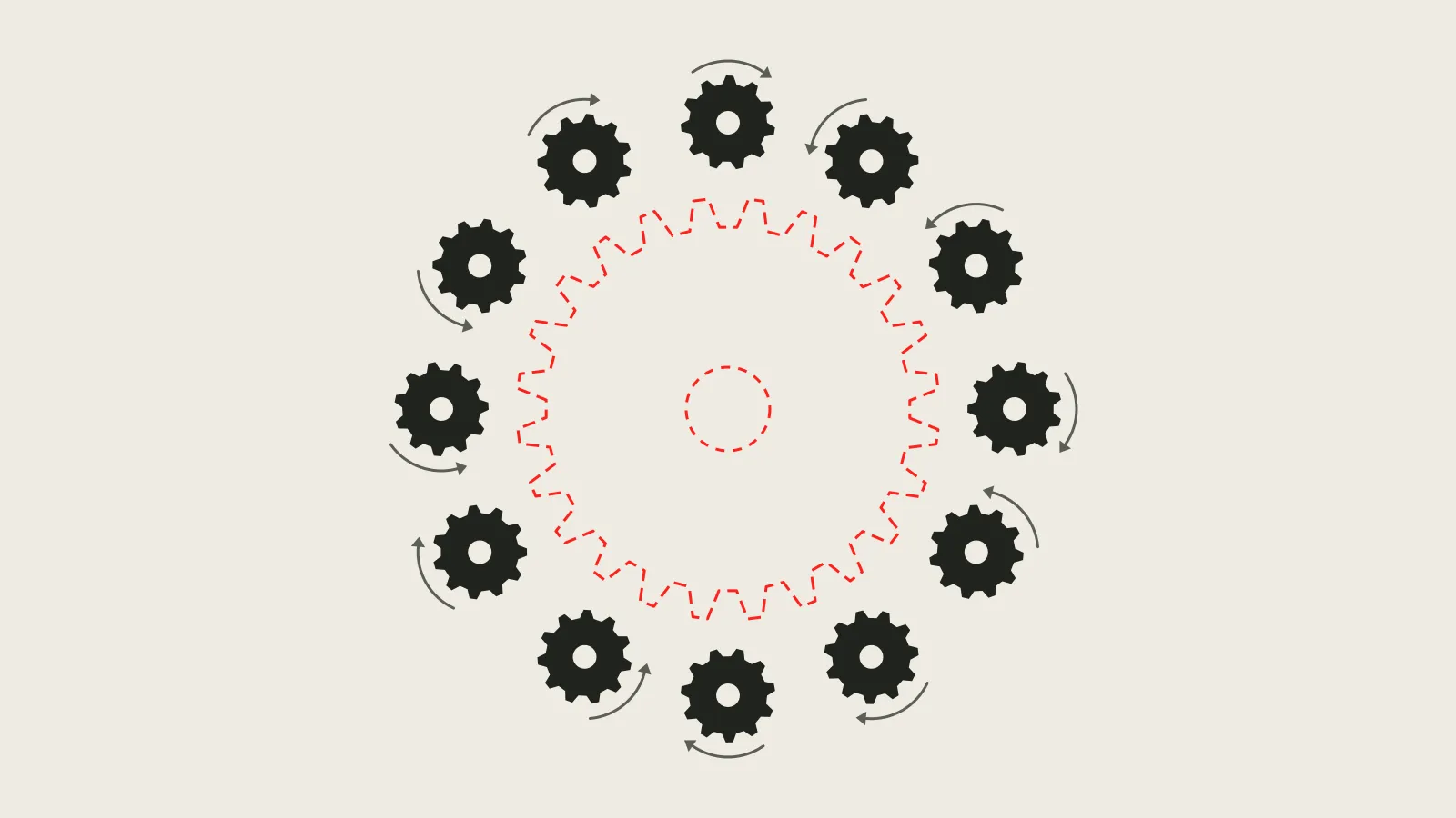 Twelve black gears arranged in a circle where the EU flag’s stars would be, none of them meshing and each turning its own way, around a dashed red outline of the large gear that would drive them all